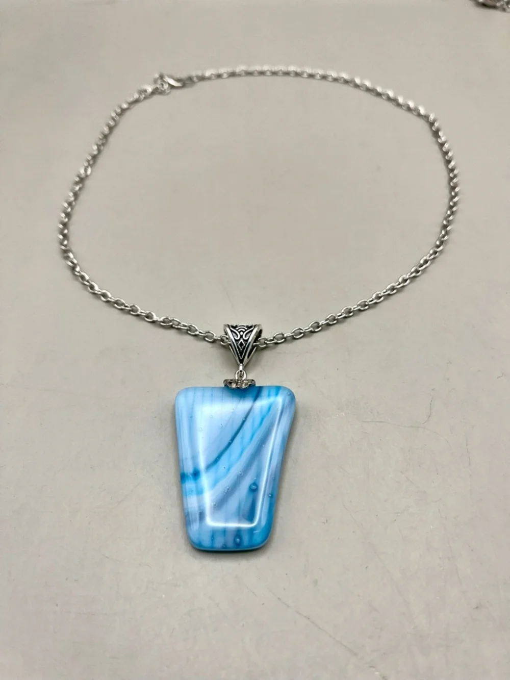 Handmade Fused Glass Pendant Necklace Signed Blue Swirl Silver Tone Chain